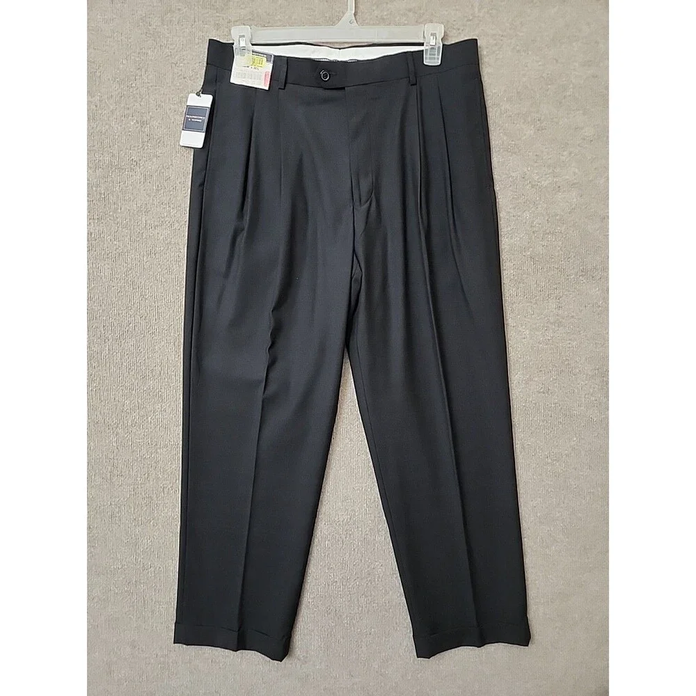 Roundtree Yorke Dress Pants Mens 36x30 Black Check Pleated Cuffed Shirt Grip NEW